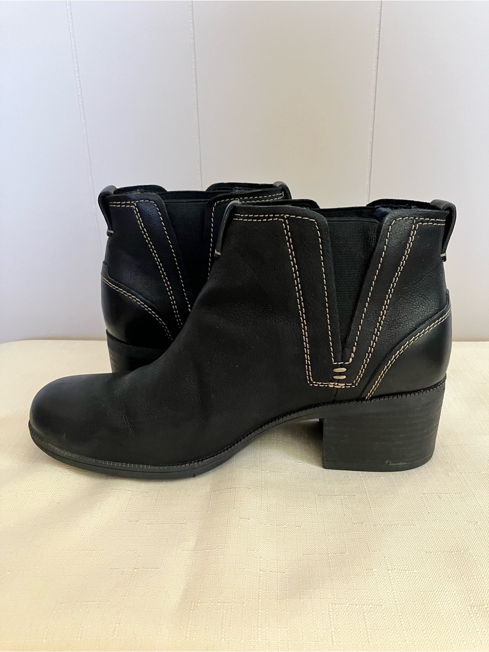 Clarks Black Ankle Booties with Contrast Stitching